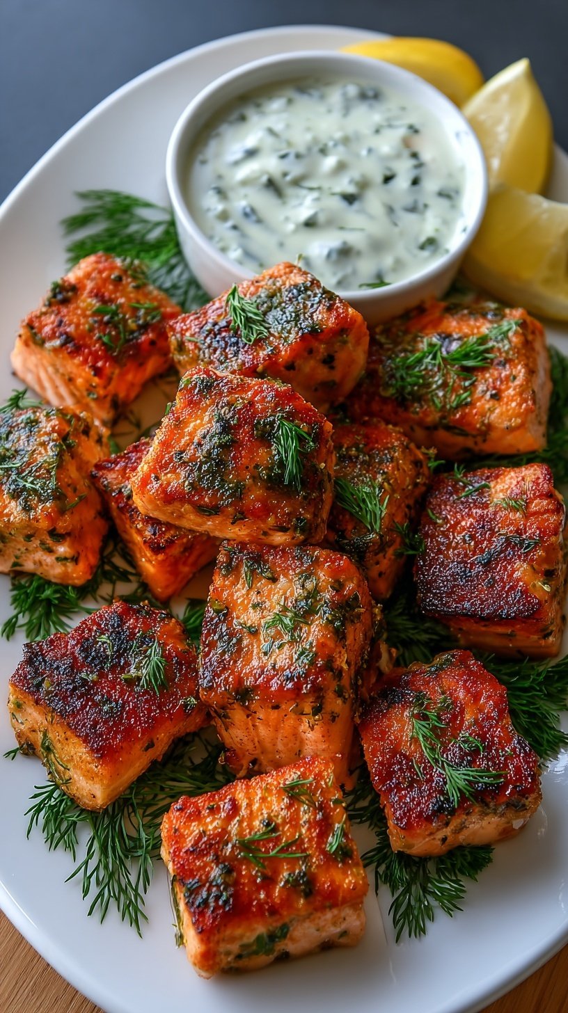 Golden brown air fried salmon cubes seasoned with spices in an air fryer basket