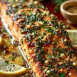 Pan-seared garlic butter salmon fillets in a skillet with lemon and parsley