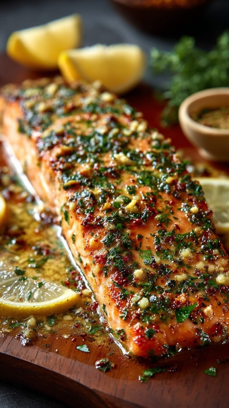 Pan-seared garlic butter salmon fillets in a skillet with lemon and parsley