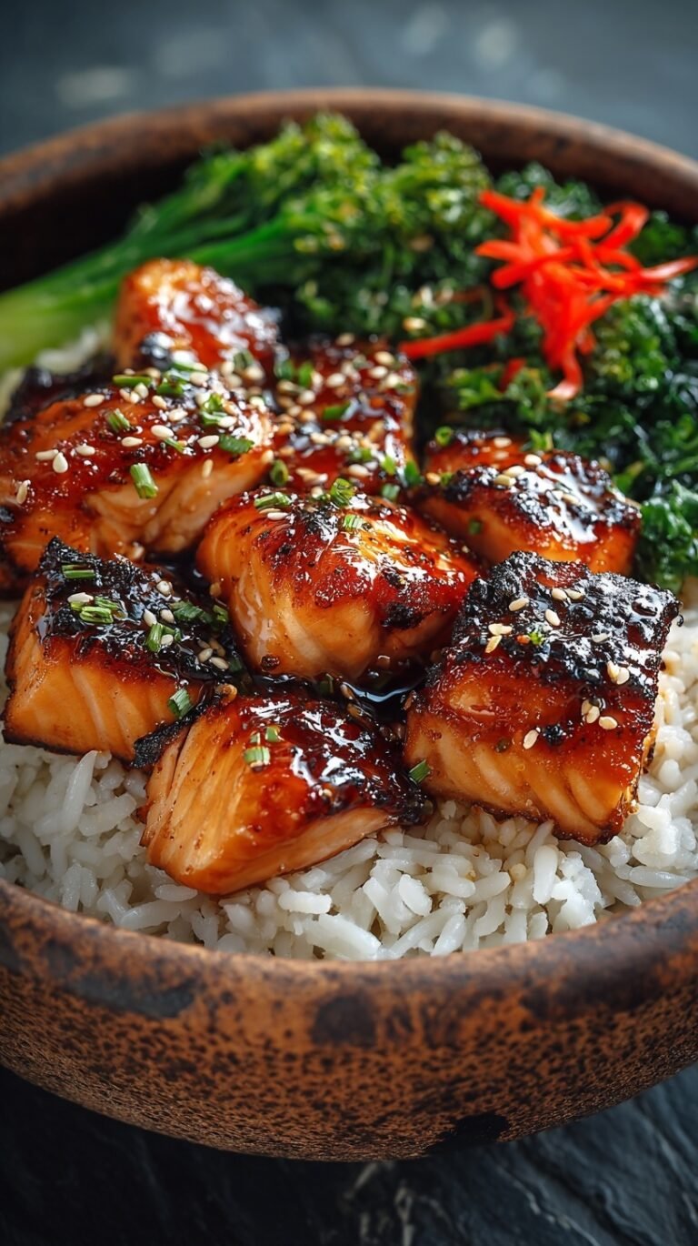 A colorful rice bowl topped with crispy glazed salmon bites, avocado, and cucumber