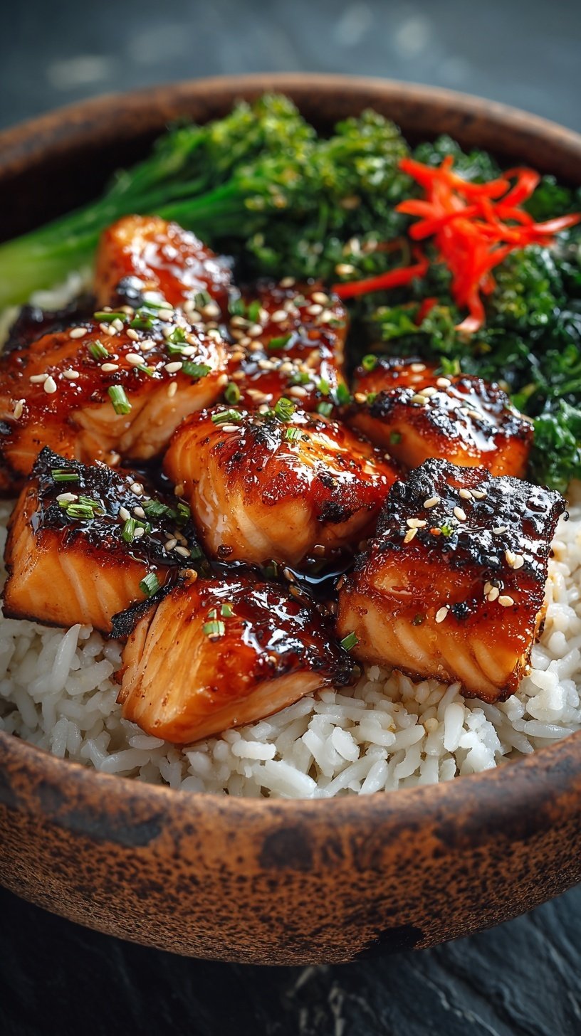 A colorful rice bowl topped with crispy glazed salmon bites, avocado, and cucumber