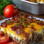 A golden brown low-carb cheeseburger casserole topped with melted cheddar cheese and crispy bacon bits.