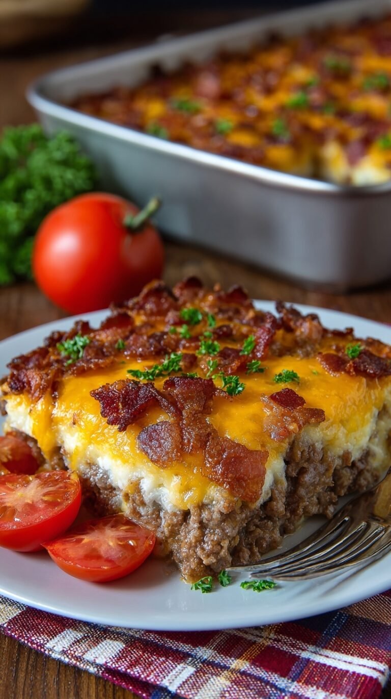 A golden brown low-carb cheeseburger casserole topped with melted cheddar cheese and crispy bacon bits.