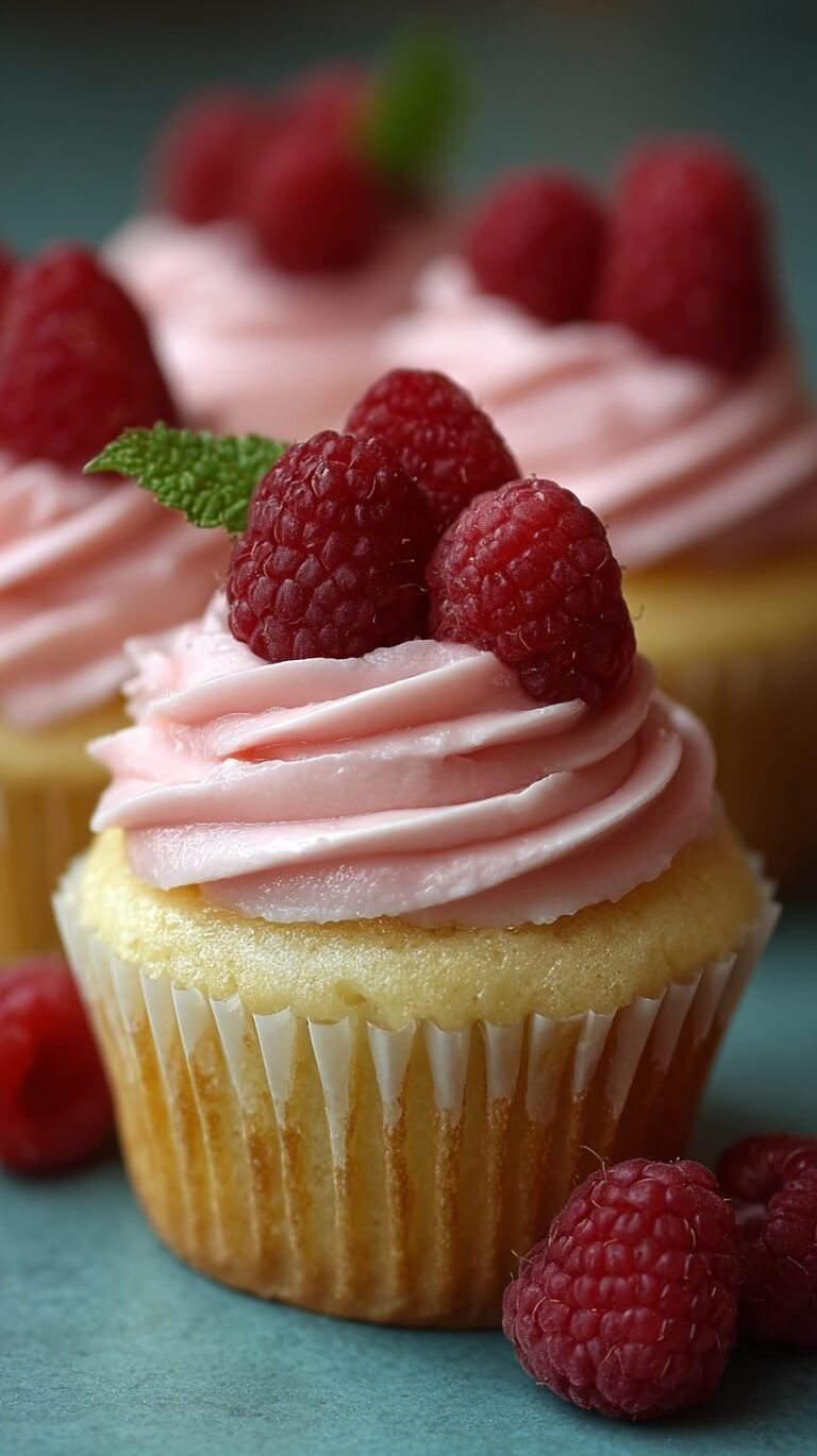 A close up of a lemon cupcake topped with a tall swirl of pink raspberry buttercream frosting and a fresh raspberry.