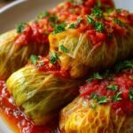 A platter of tender stuffed cabbage rolls covered in a vibrant tomato sauce