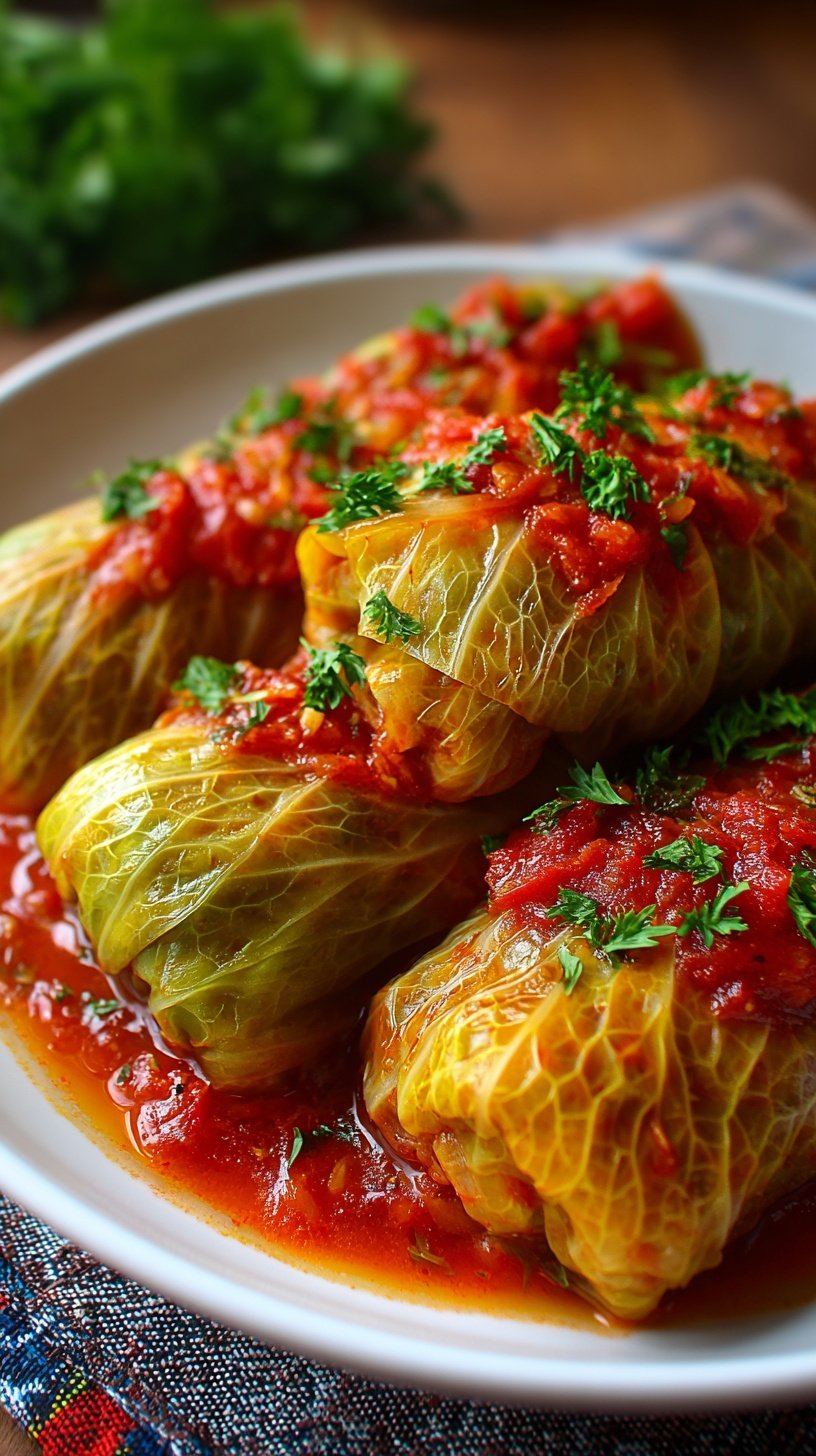 A platter of tender stuffed cabbage rolls covered in a vibrant tomato sauce