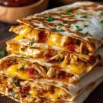 Golden brown BBQ chicken quesadilla sliced into wedges on a wooden board