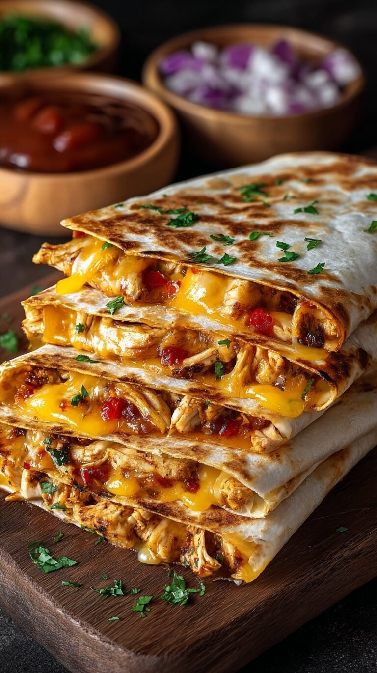 Golden brown BBQ chicken quesadilla sliced into wedges on a wooden board