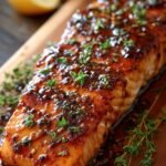 Oven-baked salmon fillets with a glistening caramelized brown sugar and soy glaze on a parchment-lined tray.
