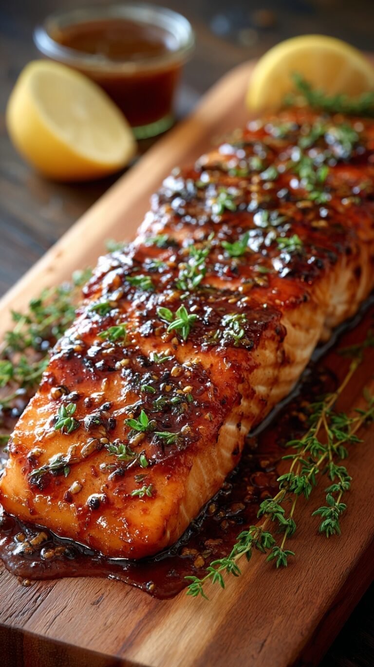 Oven-baked salmon fillets with a glistening caramelized brown sugar and soy glaze on a parchment-lined tray.