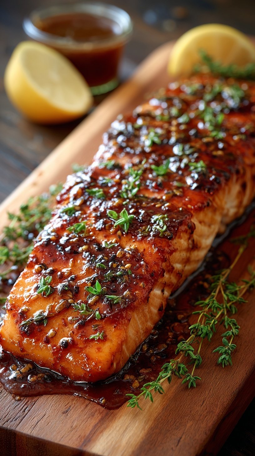 Oven-baked salmon fillets with a glistening caramelized brown sugar and soy glaze on a parchment-lined tray.