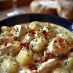A white bowl filled with creamy chicken and gnocchi soup featuring spinach and carrots