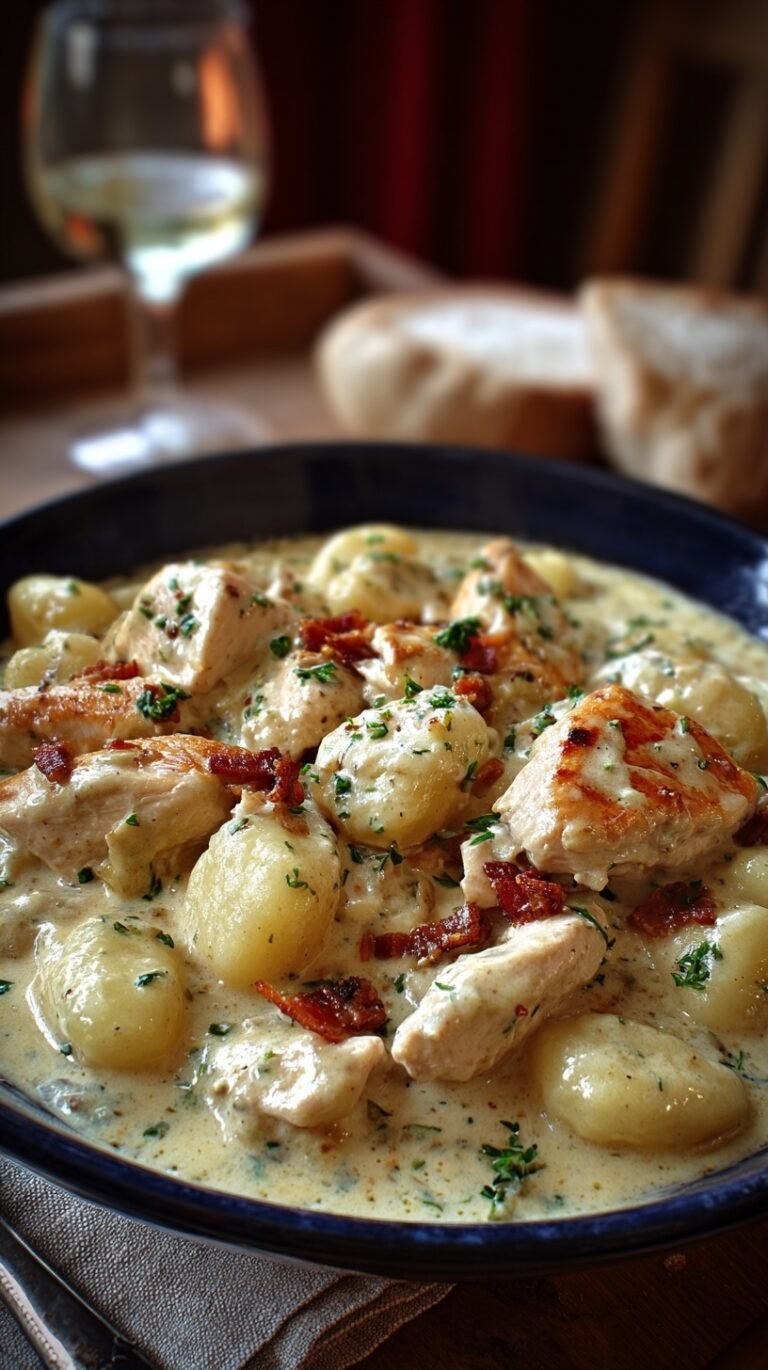 A white bowl filled with creamy chicken and gnocchi soup featuring spinach and carrots