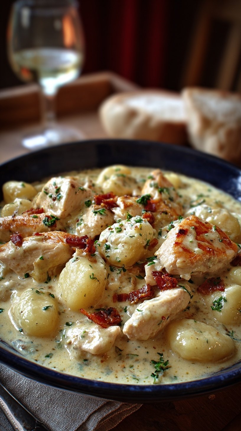 A white bowl filled with creamy chicken and gnocchi soup featuring spinach and carrots