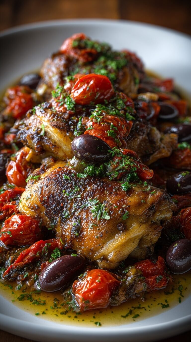 Golden brown Mediterranean chicken thighs in a pan with lemon slices and olives
