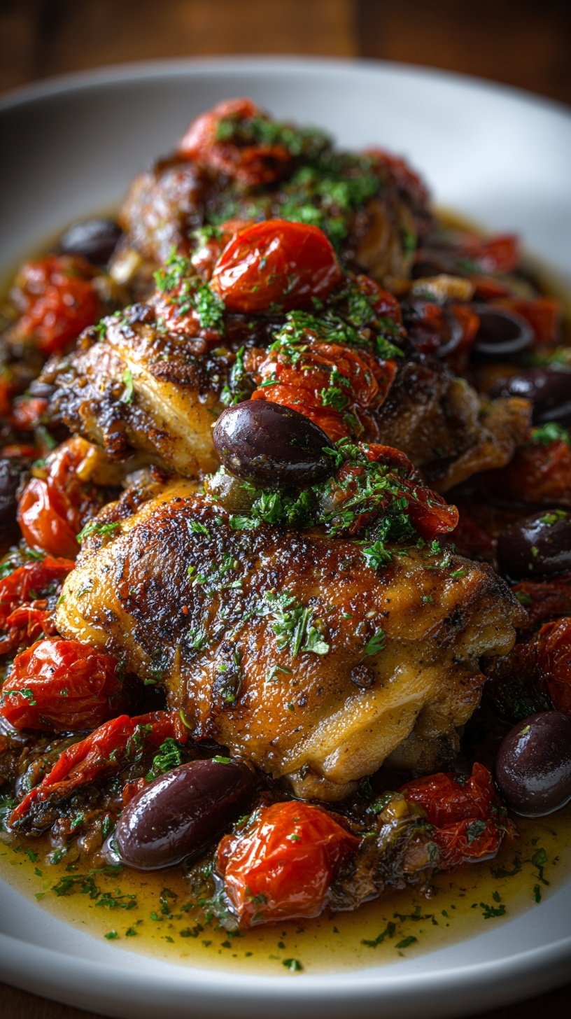 Golden brown Mediterranean chicken thighs in a pan with lemon slices and olives