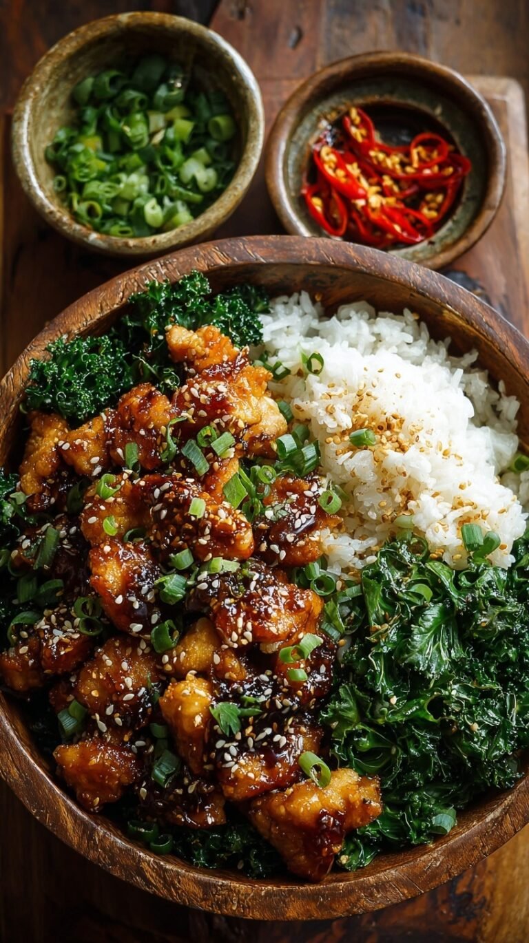 A bowl of crispy sesame chicken over jasmine rice with steamed broccoli and green onion garnish