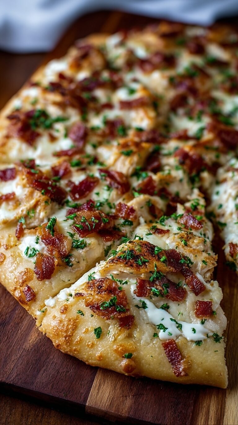 A golden-brown chicken bacon ranch pizza with melted mozzarella and fresh chives.