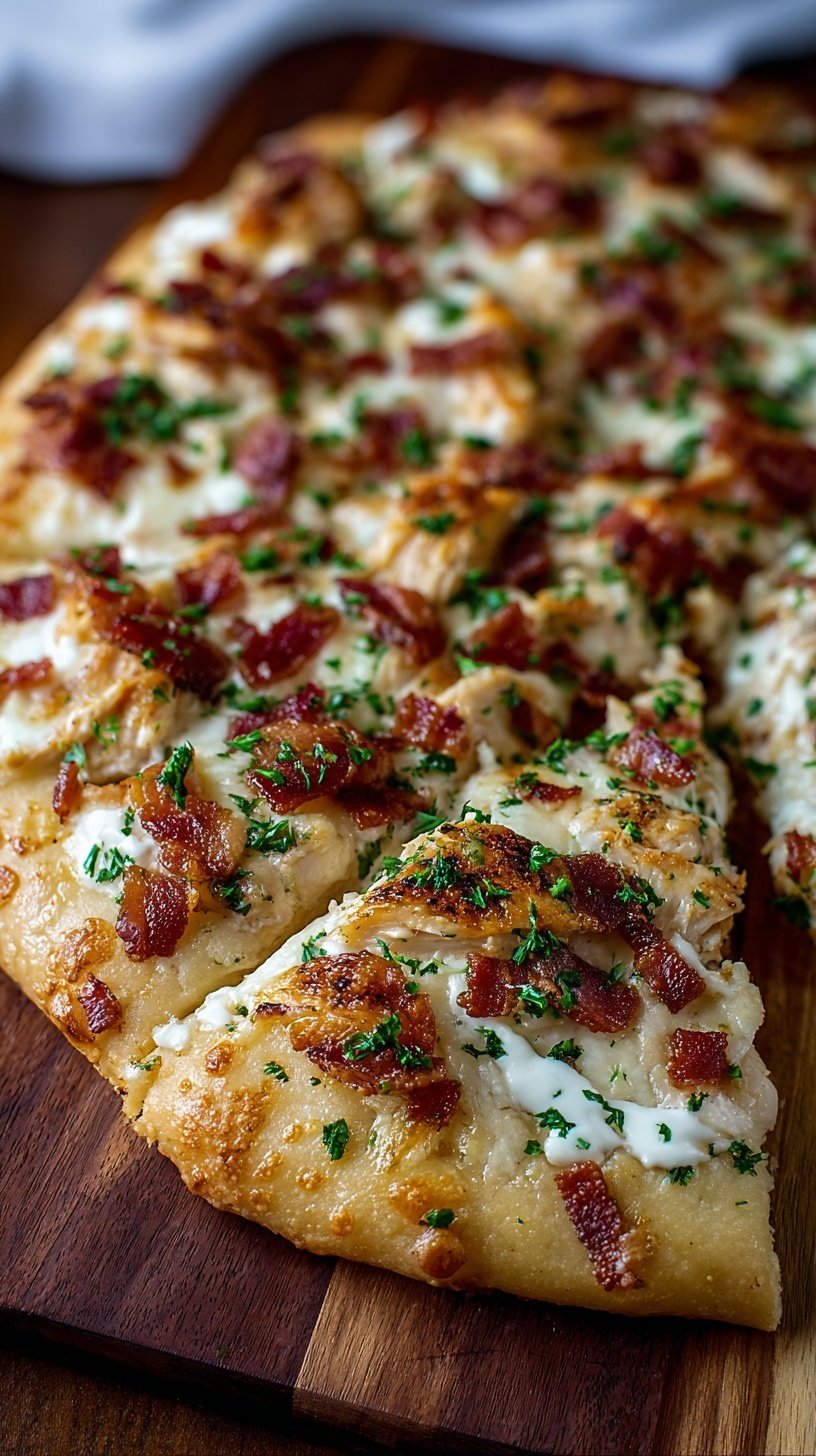 A golden-brown chicken bacon ranch pizza with melted mozzarella and fresh chives.