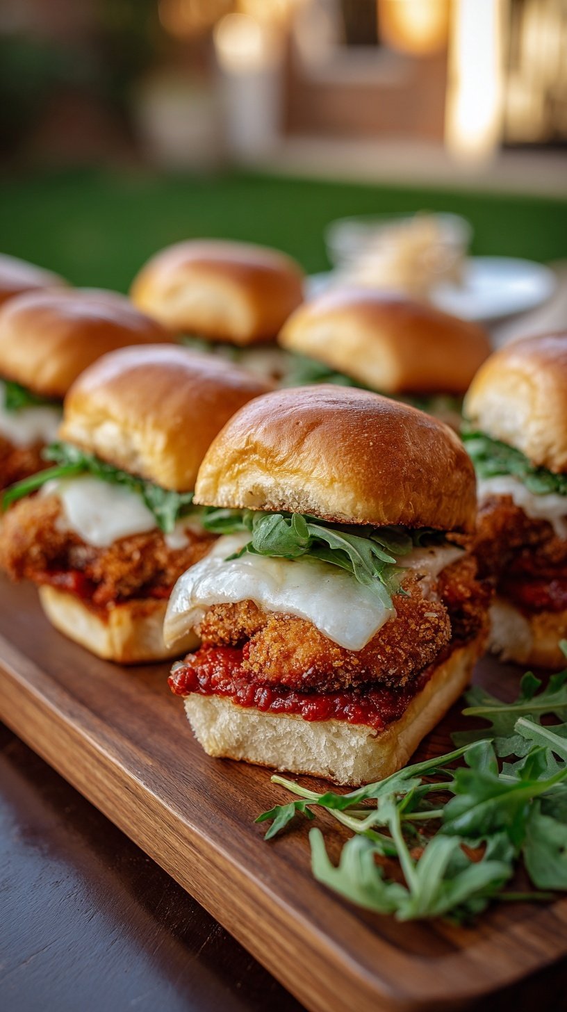 A tray of golden brown chicken parmesan sliders with melted mozzarella and garlic herb butter.