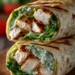 A fresh Chicken Caesar Wrap sliced diagonally on a plate with crisp romaine and grilled chicken.