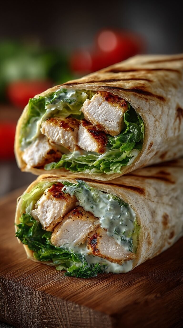 A fresh Chicken Caesar Wrap sliced diagonally on a plate with crisp romaine and grilled chicken.