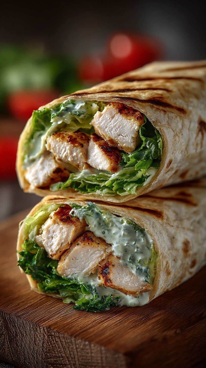 A fresh Chicken Caesar Wrap sliced diagonally on a plate with crisp romaine and grilled chicken.