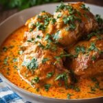 A Dutch oven filled with creamy Hungarian Chicken Paprikash and tender chicken thighs in a bright red sauce.