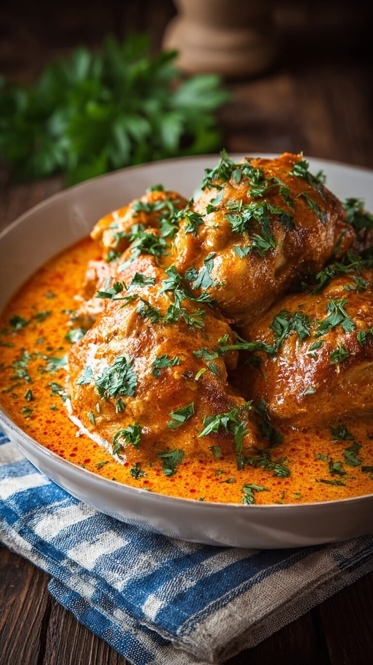 A Dutch oven filled with creamy Hungarian Chicken Paprikash and tender chicken thighs in a bright red sauce.