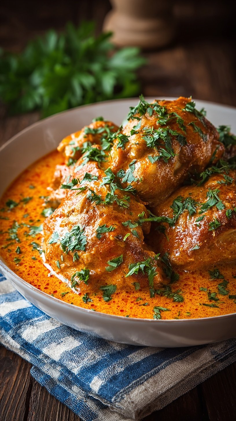 A Dutch oven filled with creamy Hungarian Chicken Paprikash and tender chicken thighs in a bright red sauce.