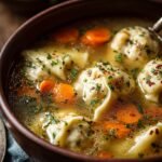 A steaming bowl of chicken dumpling soup with fluffy dumplings and fresh parsley