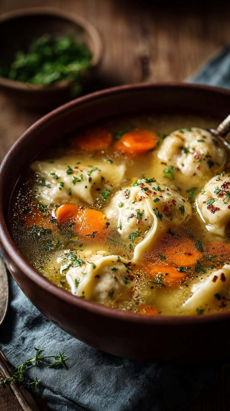 A steaming bowl of chicken dumpling soup with fluffy dumplings and fresh parsley