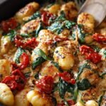 A skillet filled with golden chicken, pillowy gnocchi, and fresh spinach in a creamy garlic sauce.