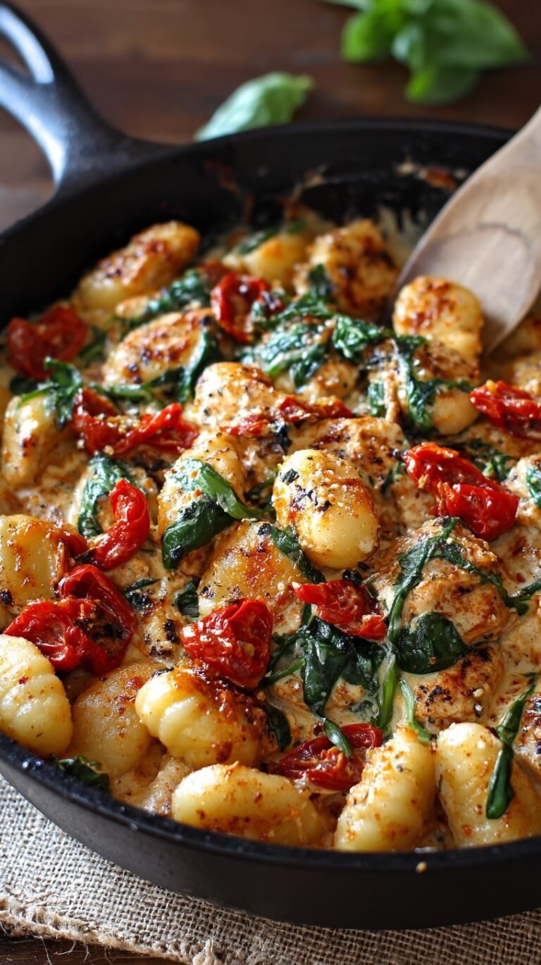 A skillet filled with golden chicken, pillowy gnocchi, and fresh spinach in a creamy garlic sauce.