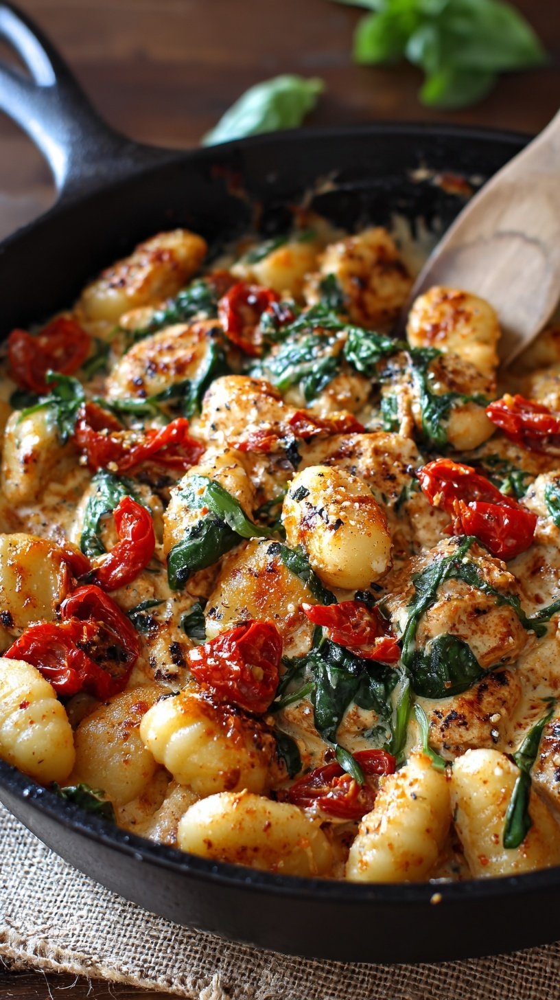 A skillet filled with golden chicken, pillowy gnocchi, and fresh spinach in a creamy garlic sauce.