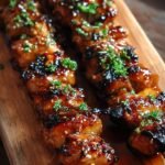 Close up of grilled honey garlic chicken skewers with a shiny glaze, sesame seeds, and green onions.