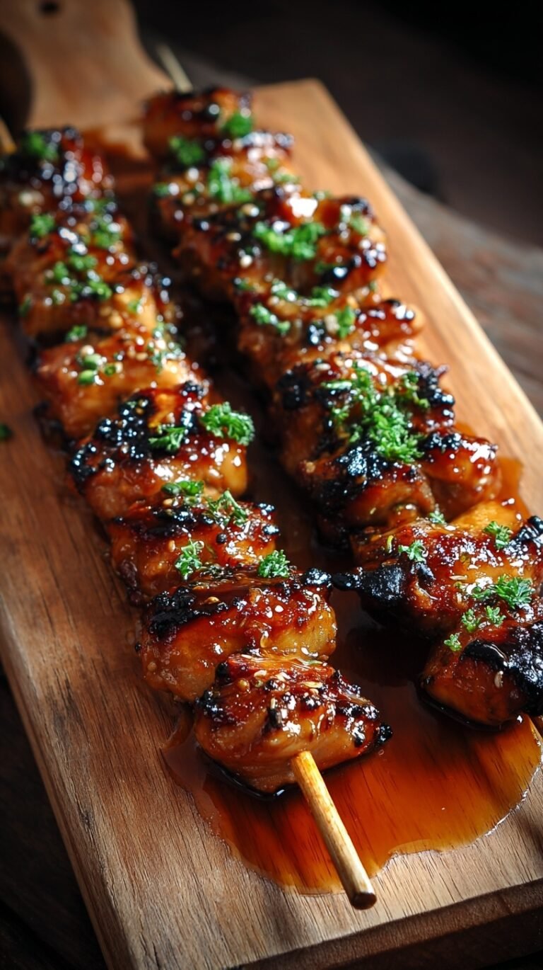 Close up of grilled honey garlic chicken skewers with a shiny glaze, sesame seeds, and green onions.