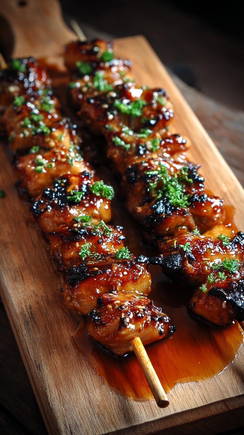 Close up of grilled honey garlic chicken skewers with a shiny glaze, sesame seeds, and green onions.