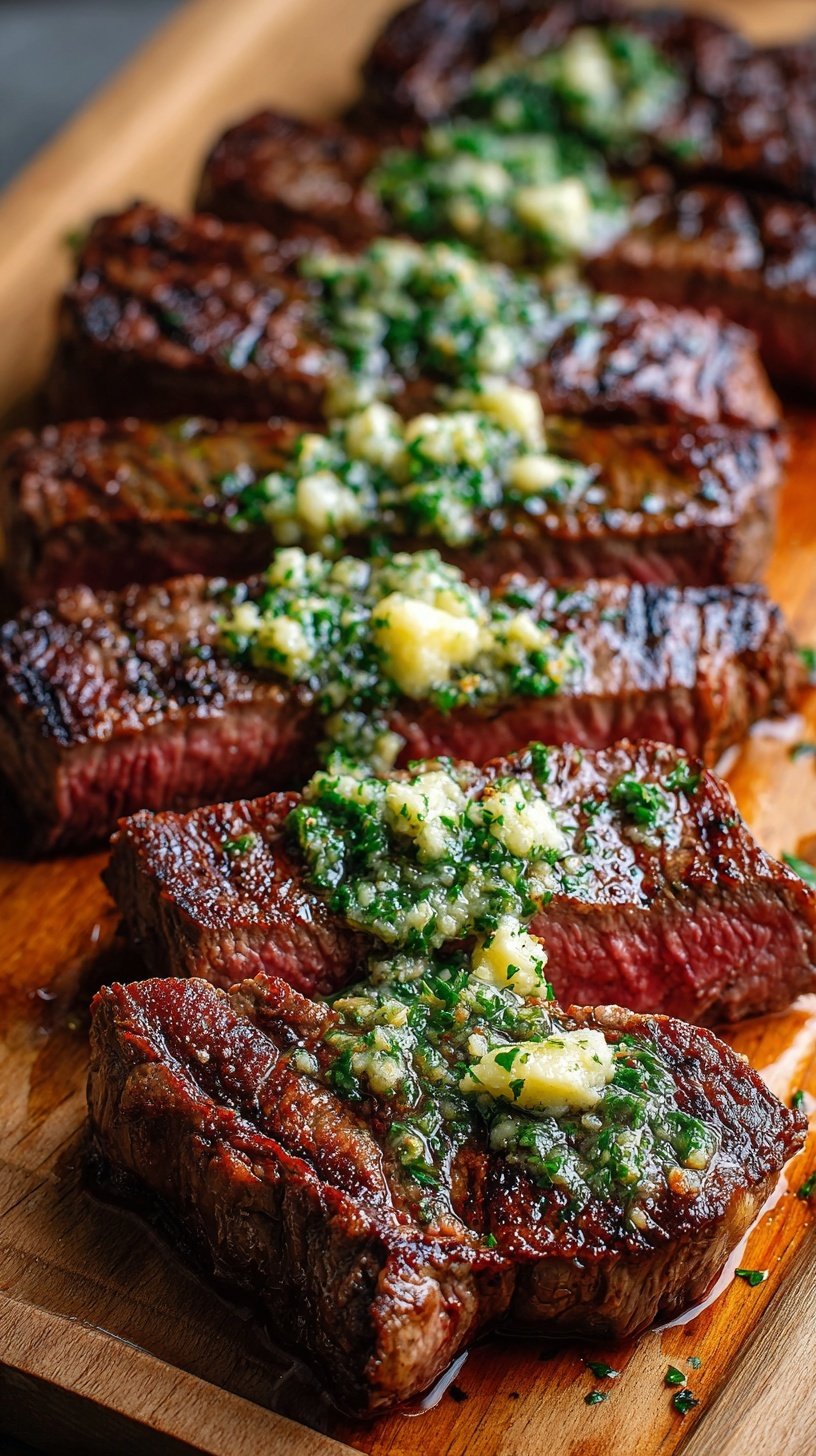 Sizzling Garlic Butter Brazilian Steak in a cast iron skillet with fresh parsley