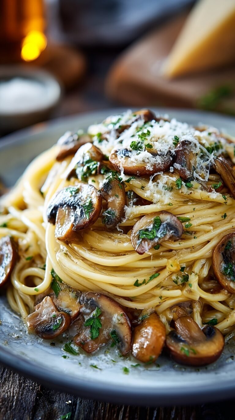 A bowl of Garlic Mushroom Pasta with sautéed mushrooms and fresh parsley