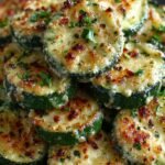 Golden brown baked zucchini garlic bites on a parchment-lined baking sheet with a side of marinara sauce.