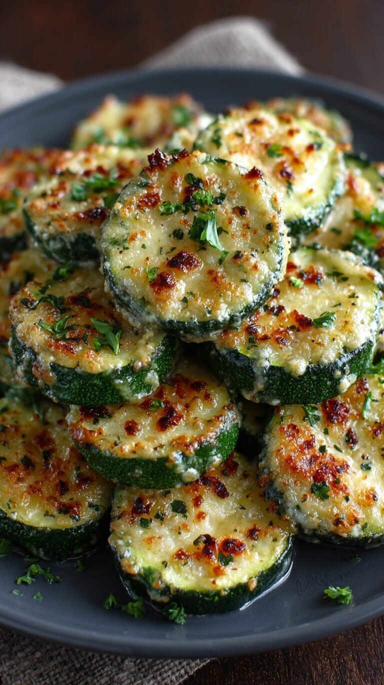Golden brown baked zucchini garlic bites on a parchment-lined baking sheet with a side of marinara sauce.