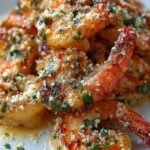 Sizzling Garlic Parmesan Shrimp in a stainless steel skillet with fresh parsley and lemon