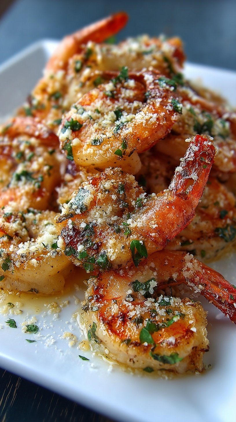 Sizzling Garlic Parmesan Shrimp in a stainless steel skillet with fresh parsley and lemon