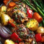 Slow cooker honey garlic chicken with potatoes, carrots, and green beans in a savory glaze