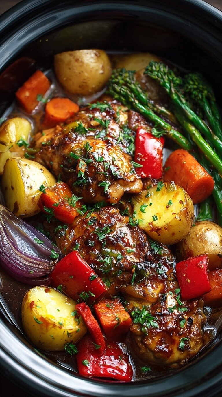 Slow cooker honey garlic chicken with potatoes, carrots, and green beans in a savory glaze