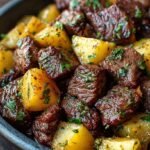 A bowl of slow cooker beef cubes and gold potatoes garnished with fresh parsley