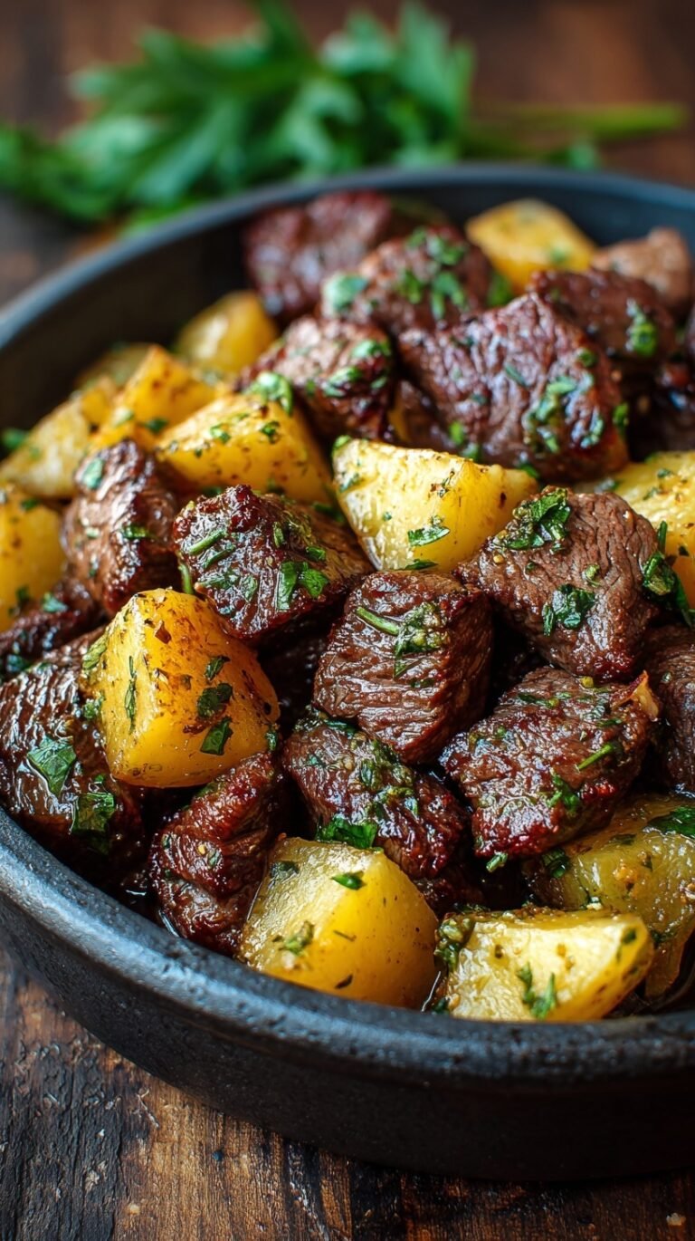 A bowl of slow cooker beef cubes and gold potatoes garnished with fresh parsley