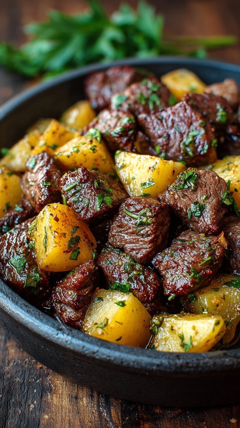 A bowl of slow cooker beef cubes and gold potatoes garnished with fresh parsley