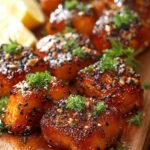 Golden brown crispy salmon bites tossed in a sticky honey garlic glaze on a white plate